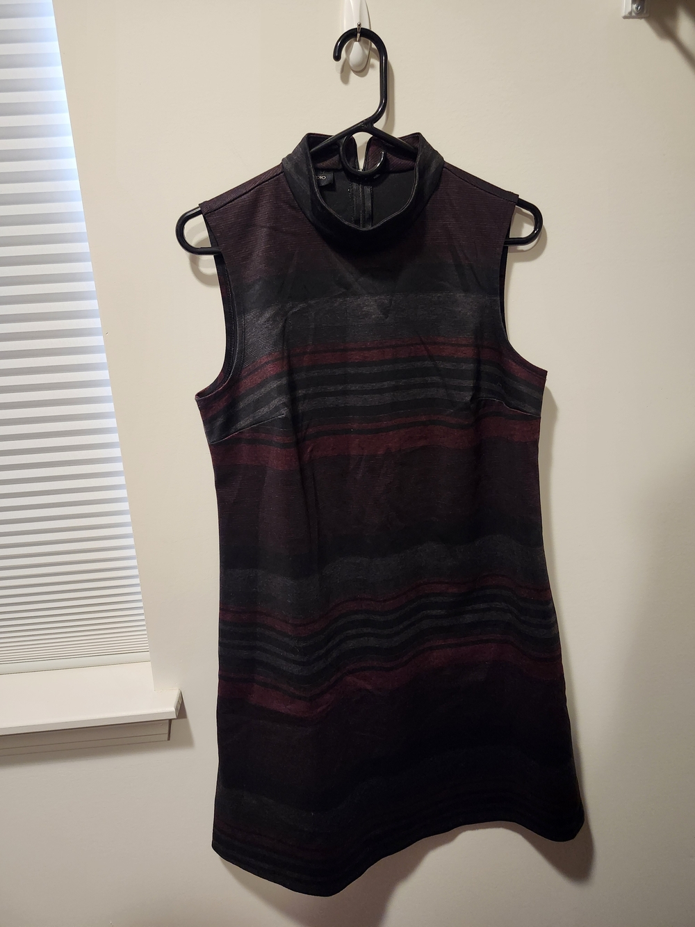 AB Studio Sleeveless Mock Neck Stripe Mini Dress - Black & Burgundy